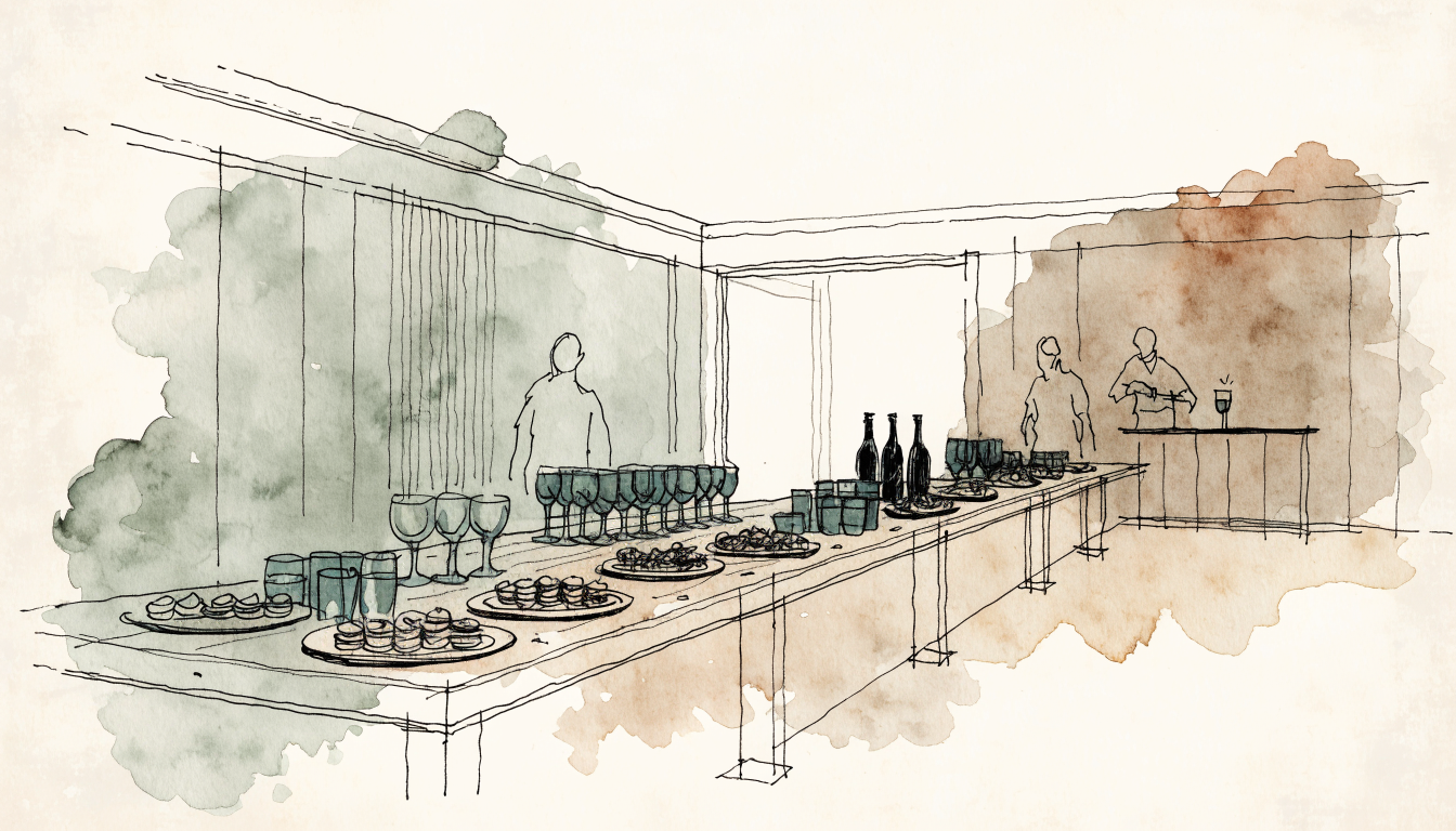 Illustration of a catering table laid for a private event with bar service behind
