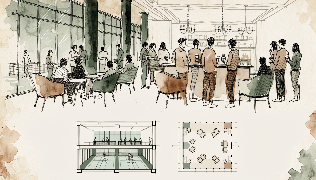 Illustration of the Member Lounge during a private event, a group with drinks watching a match on the courts below