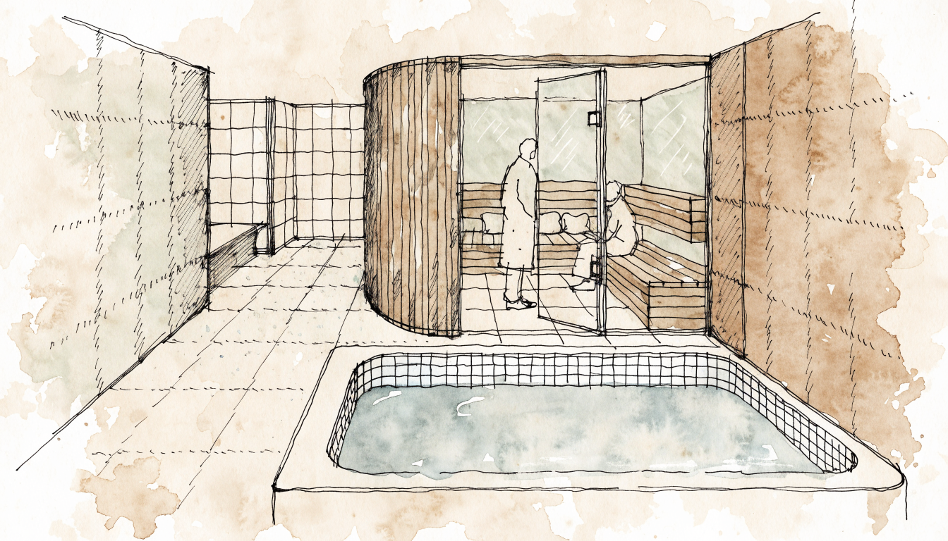 Illustration of the contrast therapy spa with cold plunge pool and wooden sauna