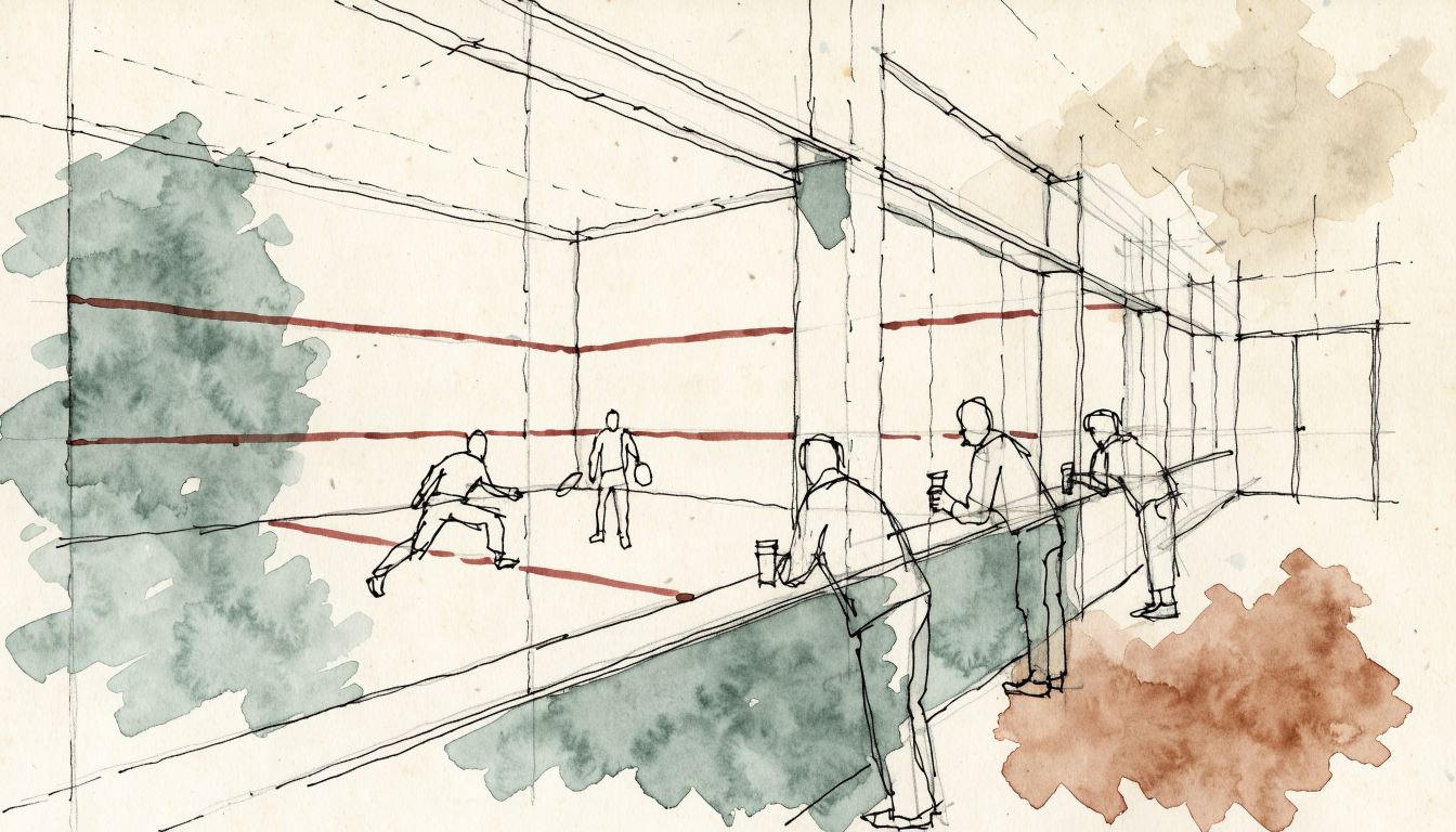 Illustration of a glass backed squash court with colleagues watching from outside